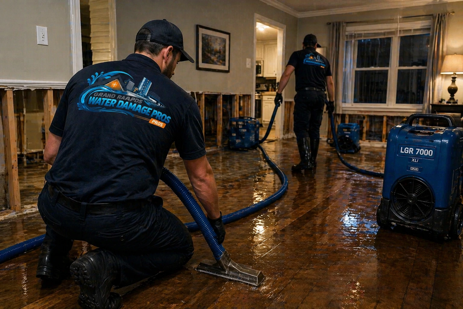 Water damage restoration technicians performing emergency water extraction inside a flooded home in Grand Rapids