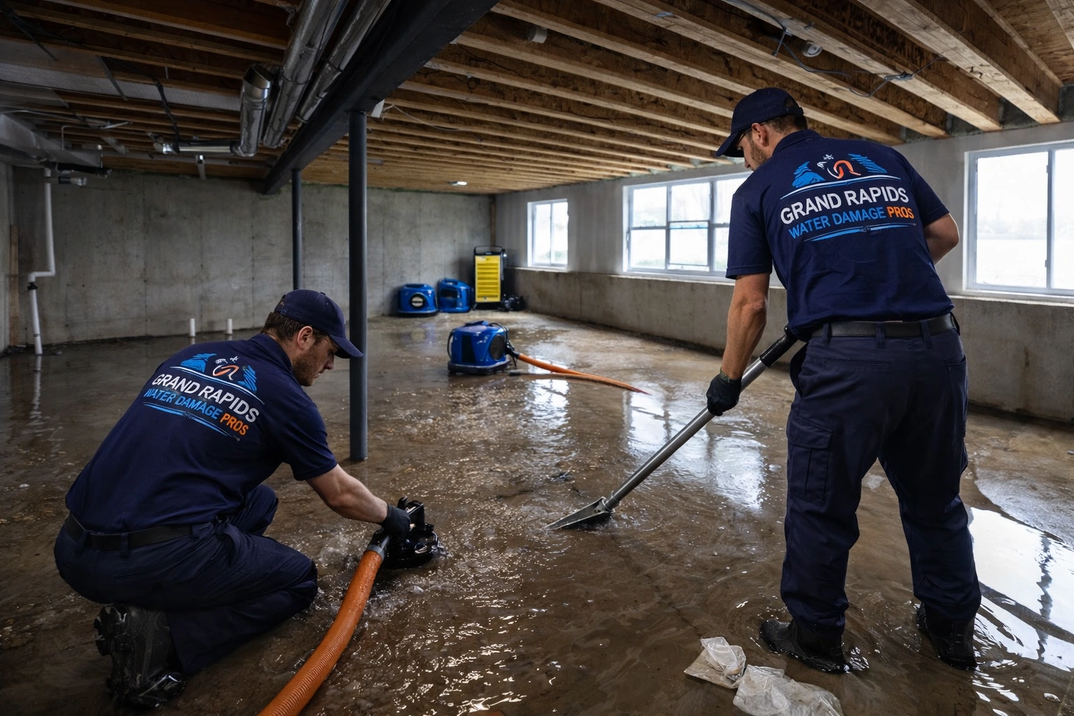 Water damage restoration technicians performing basement flood cleanup in Grand Rapids by extracting standing water from a flooded basement floor