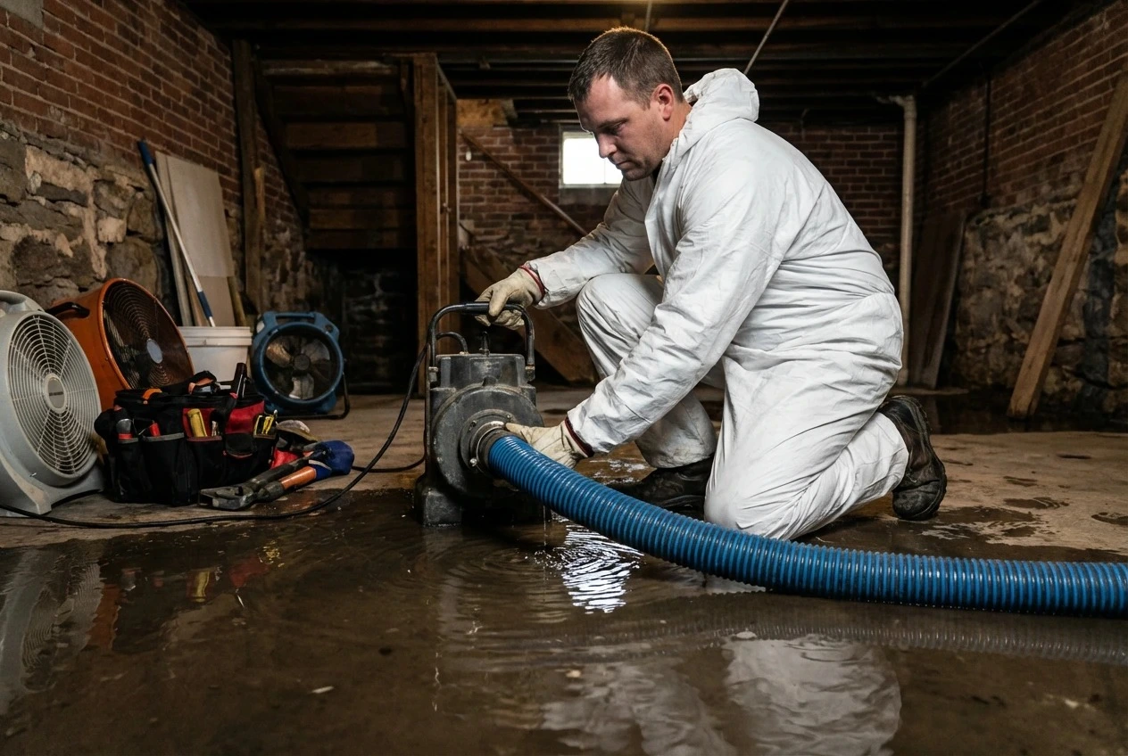 Water damage restoration technician pumping water out of flooded basement using extraction pump and hose