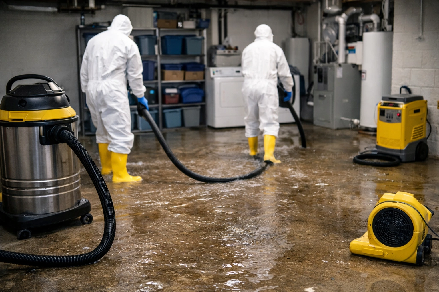 Basement flood cleanup with technicians removing water and restoring damaged basement