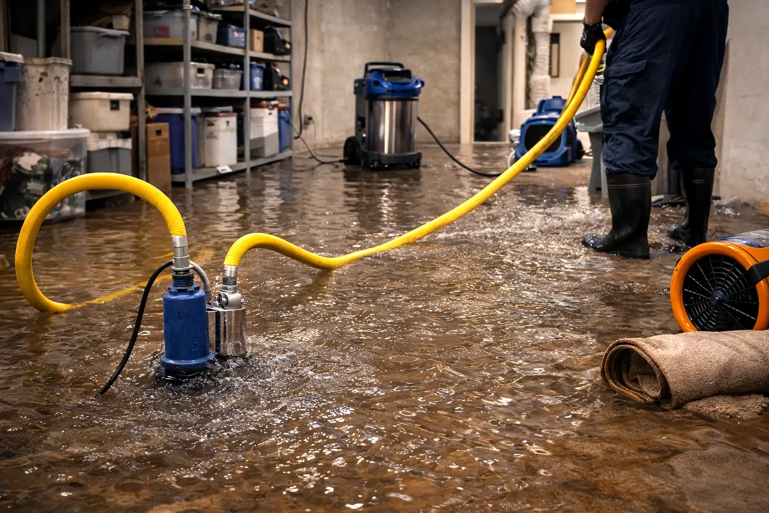 Basement flooding water damage restoration in Grand Rapids MI with sump pump and extraction equipment