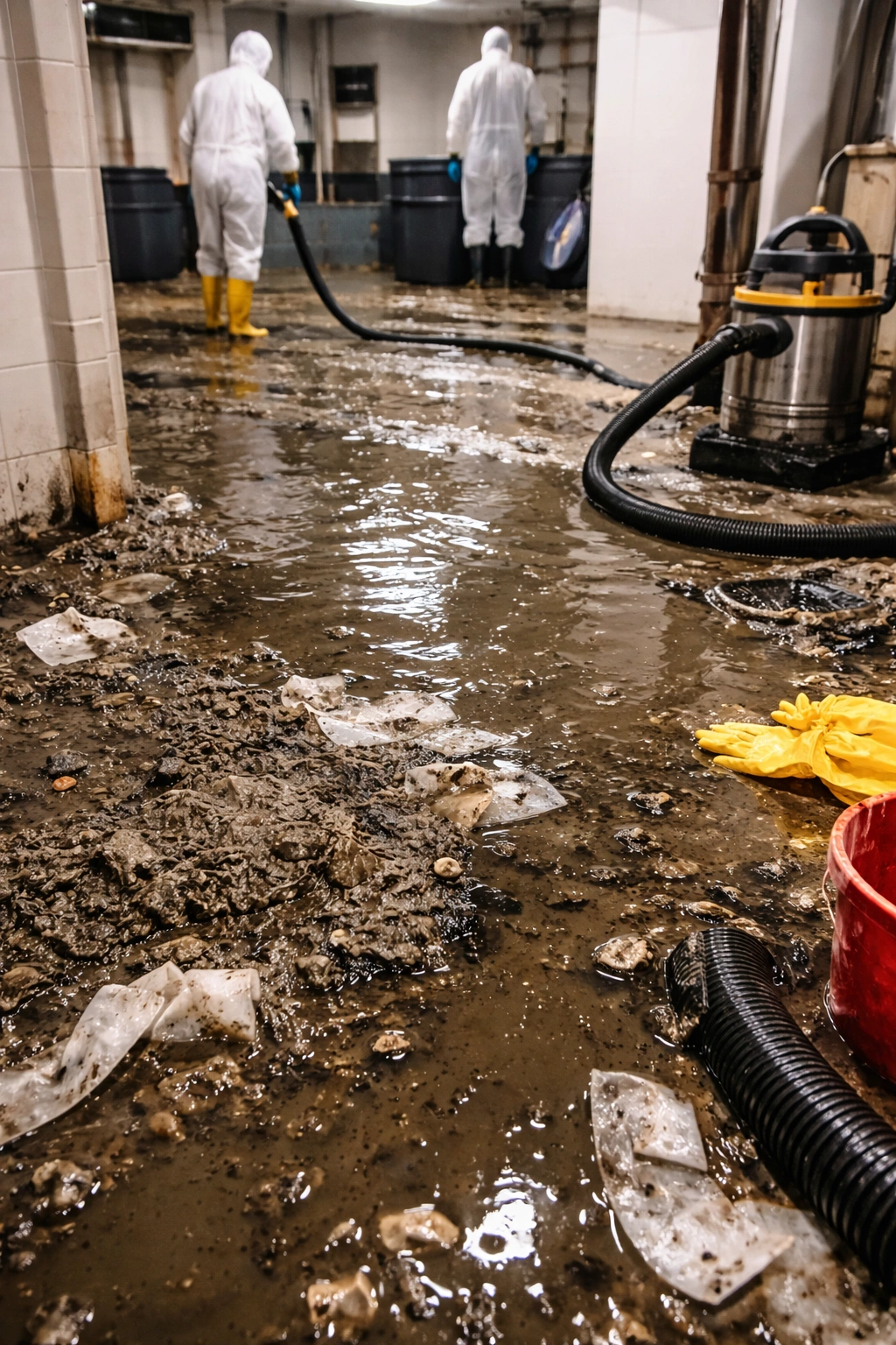 Basement sewage flood cleanup with technicians removing contaminated water and restoring property