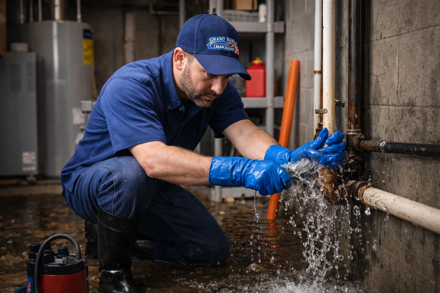 Water damage restoration technician stopping flooding from a burst pipe in a residential basement in Grand Rapids