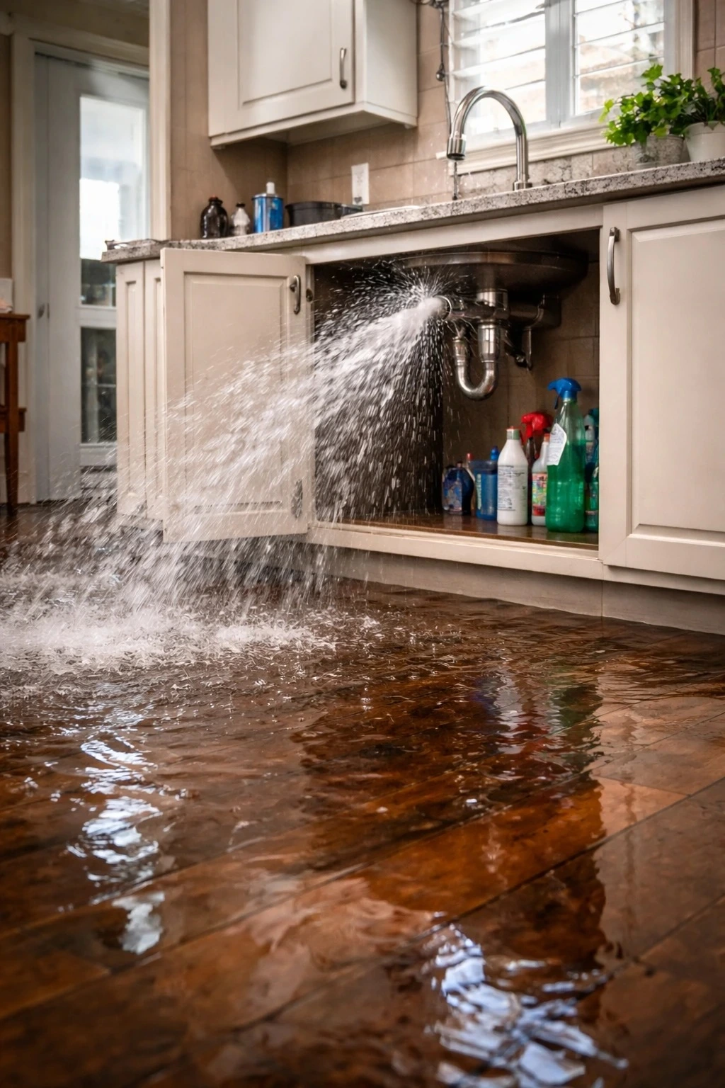 Burst water pipe spraying water under kitchen sink flooding hardwood floor inside residential home