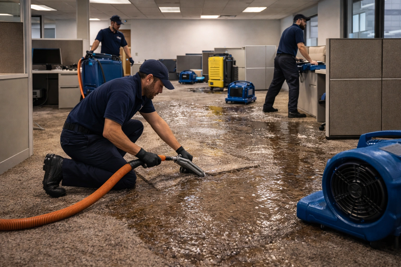 Water damage restoration technicians performing commercial flood cleanup in a Grand Rapids office using industrial water extraction equipment