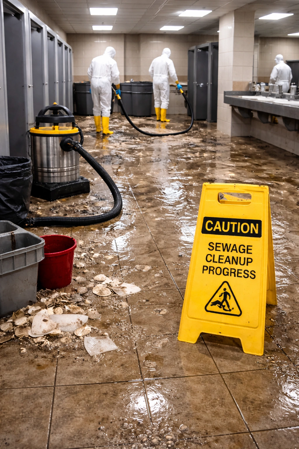 Commercial sewage cleanup in restroom with technicians removing contaminated water and sanitizing surfaces