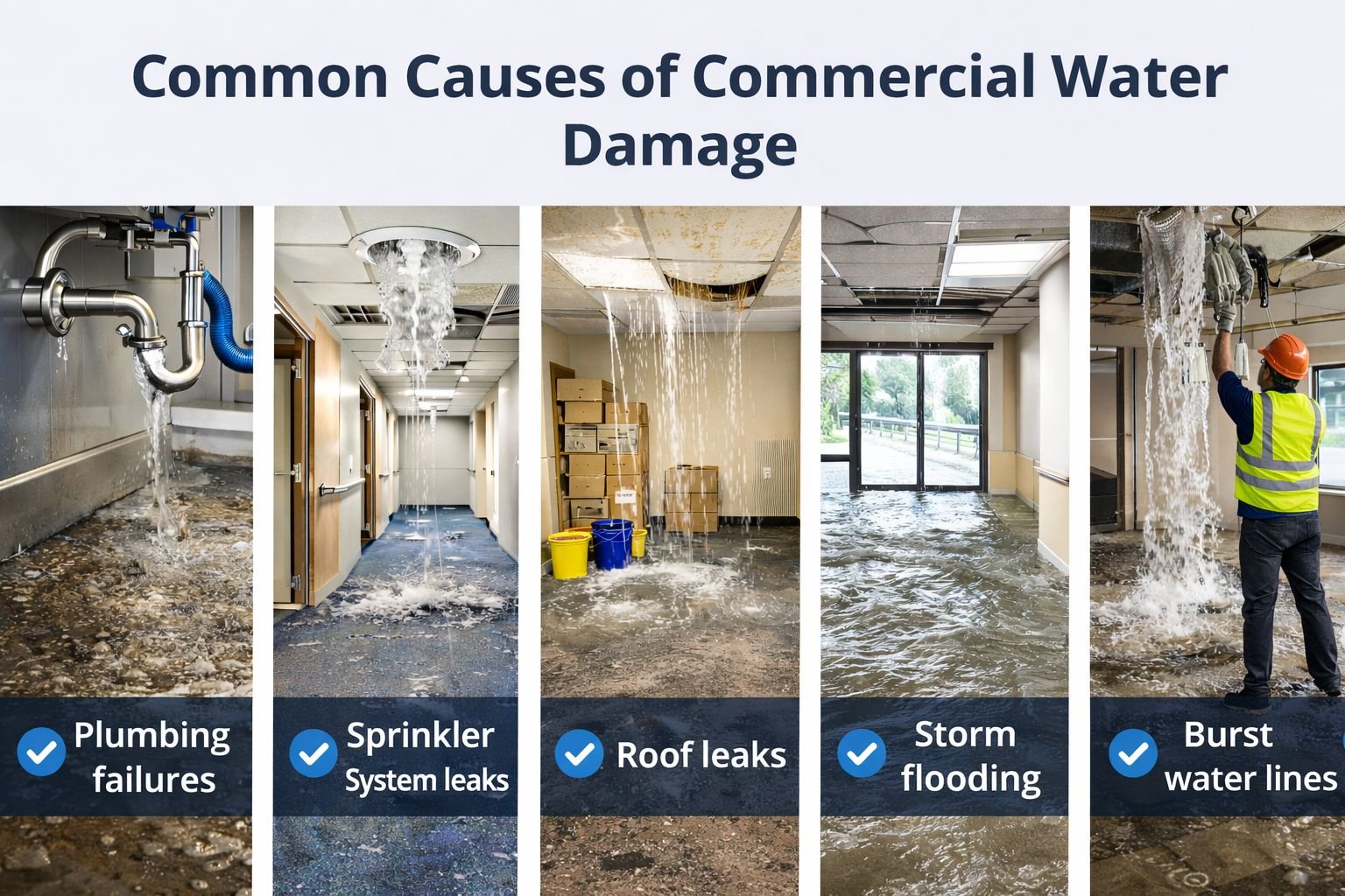 Common causes of commercial water damage requiring water damage restoration in Grand Rapids Michigan including plumbing failures roof leaks and storm flooding