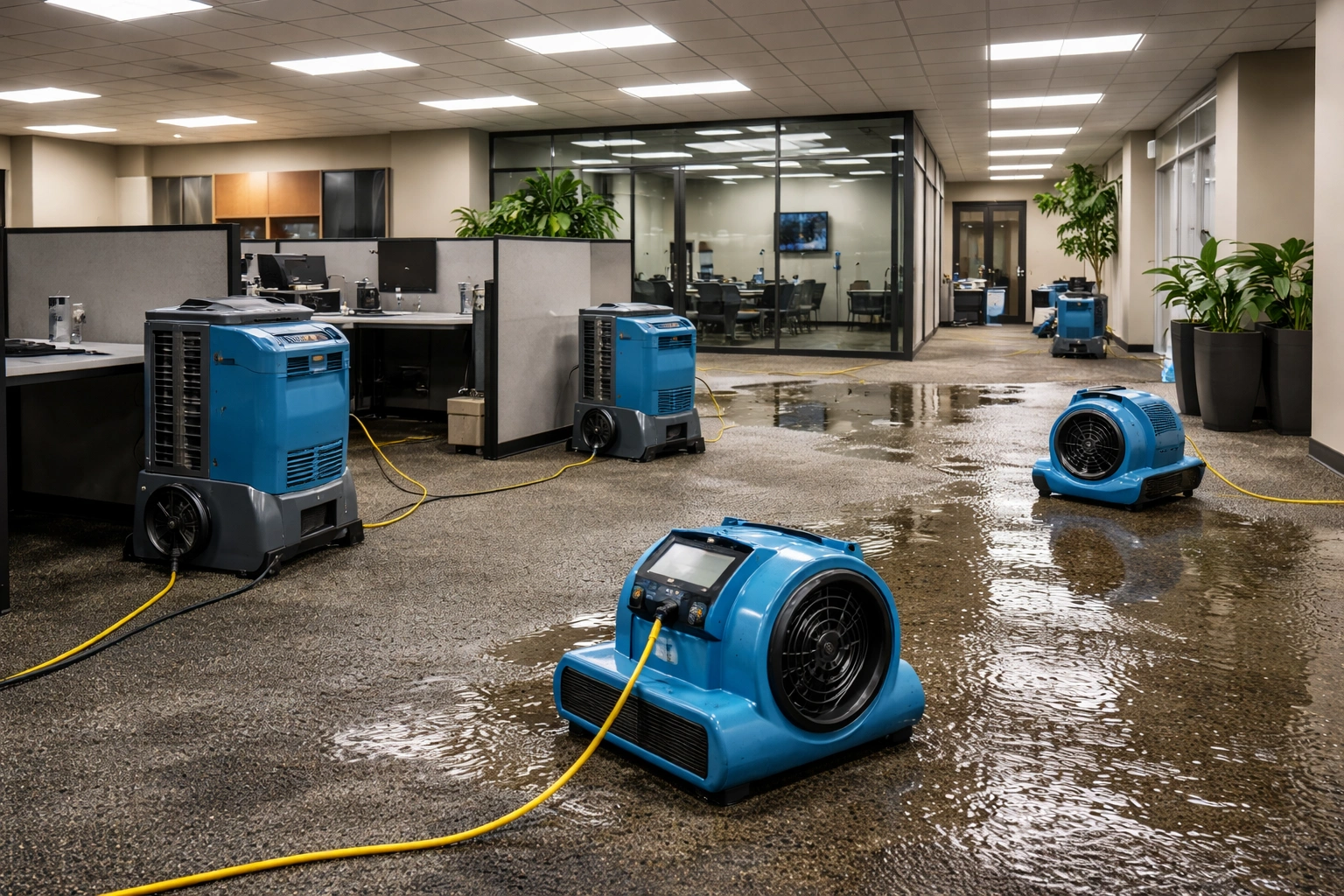 Commercial water damage restoration with drying equipment in flooded business property