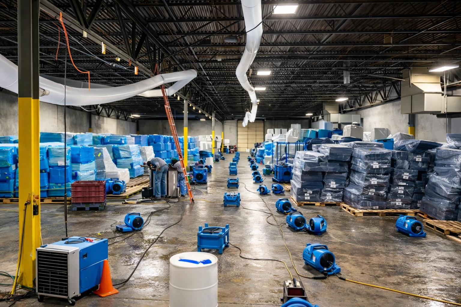 Commercial water damage restoration drying equipment setup inside industrial warehouse with air movers and dehumidifiers