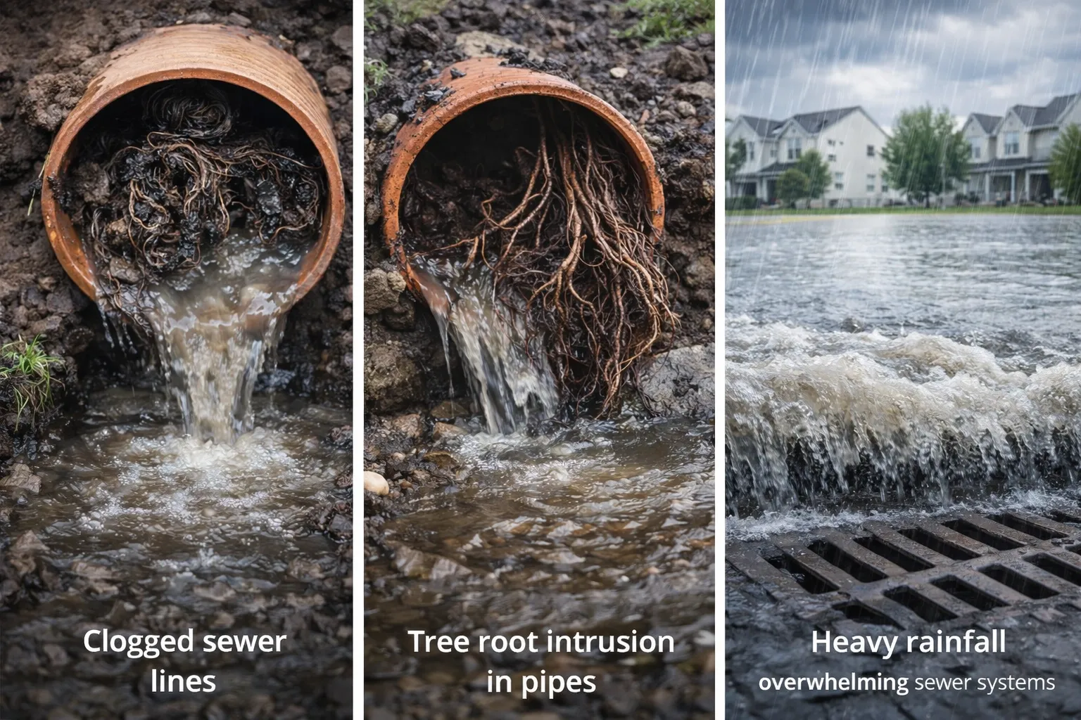 Common causes of sewage backups affecting water damage restoration in Grand Rapids Michigan including clogged sewer lines tree root intrusion and heavy rainfall