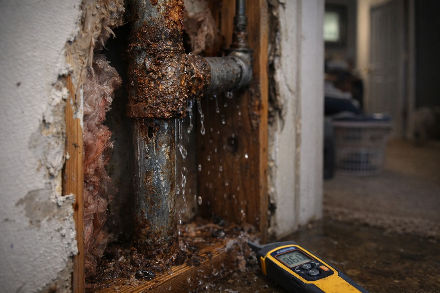 Corroded pipe leaking inside wall causing hidden residential water damage in Grand Rapids MI