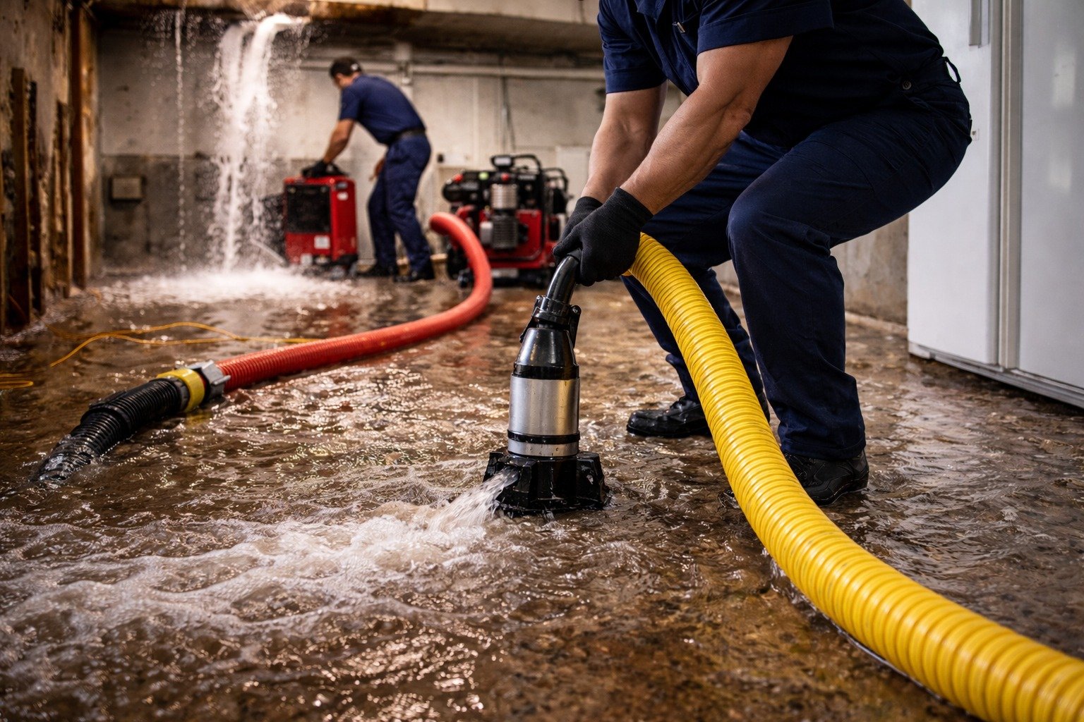 Water damage restoration technicians performing emergency water extraction while water actively leaks from pipe in