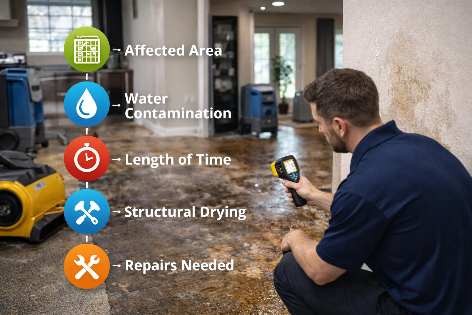Water damage technician inspecting moisture levels showing factors that affect restoration costs
