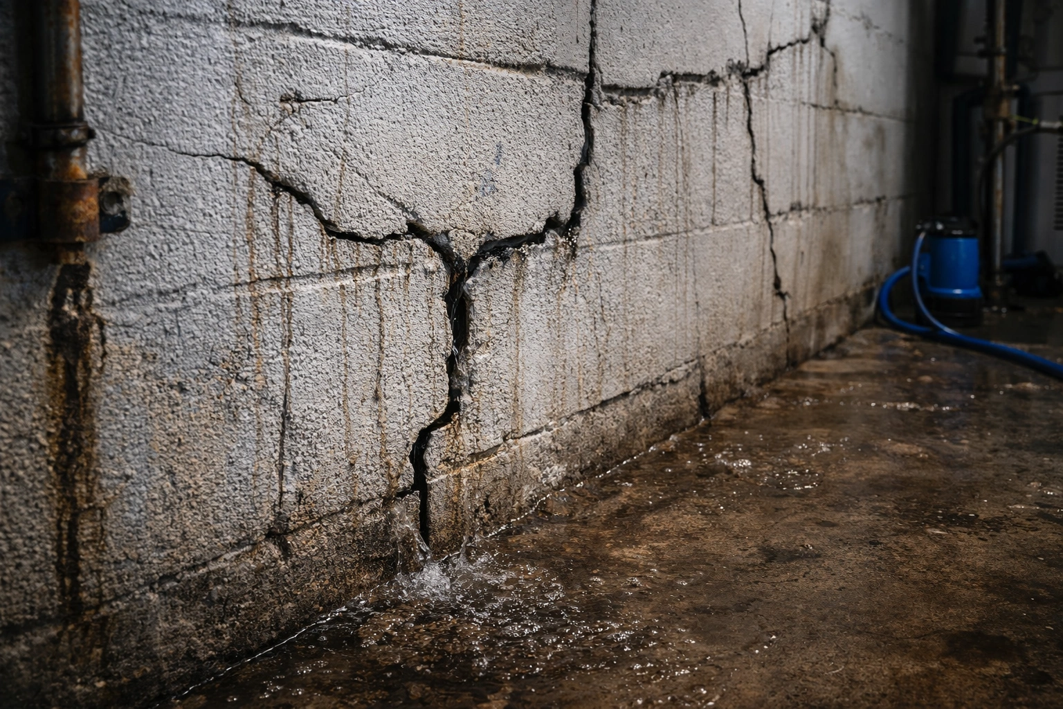 Visible foundation cracks in a basement wall caused by water damage and moisture intrusion