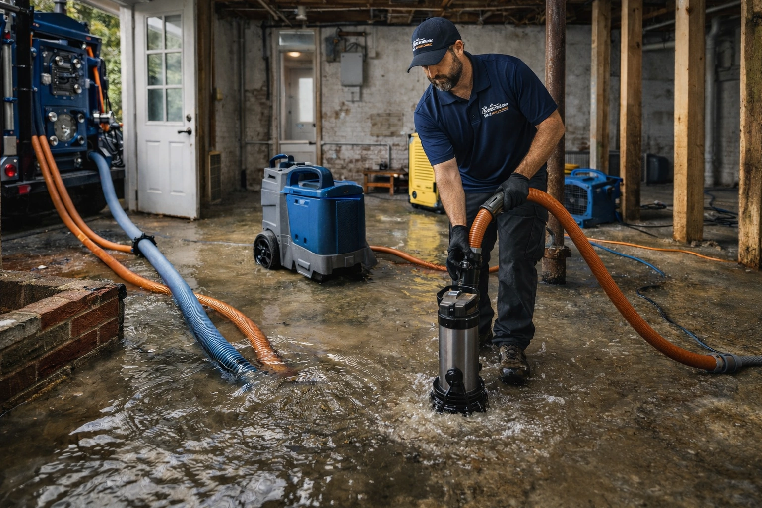 Grand Rapids basement flood cleanup technician pumping out standing water with professional extraction equipment