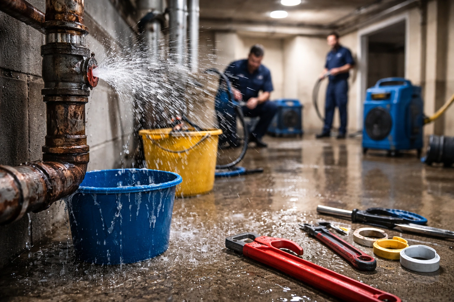 Burst pipe emergency in Grand Rapids basement with water spraying from broken pipe while restoration technicians extract water and begin drying