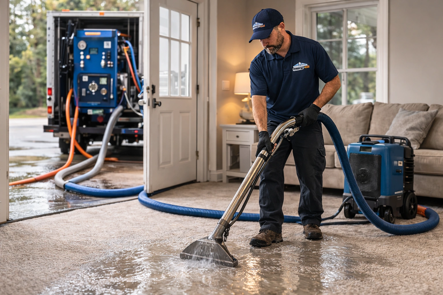 Grand Rapids water damage technician using truck-mounted water extraction equipment to remove water from wet carpet in a residential living room