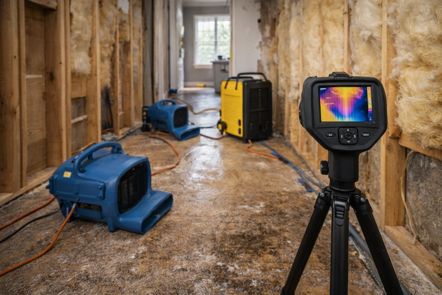 Grand Rapids water damage restoration structural drying with industrial air movers and commercial dehumidifiers removing moisture from walls and flooring