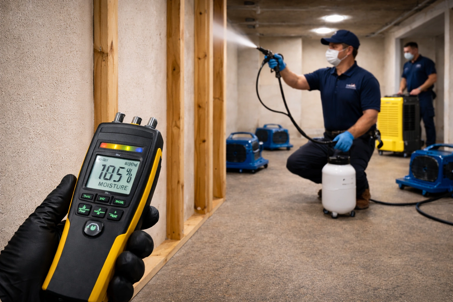 Technician performing mold prevention treatment after water damage in a dry Grand Rapids basement with moisture meter and structural drying equipment