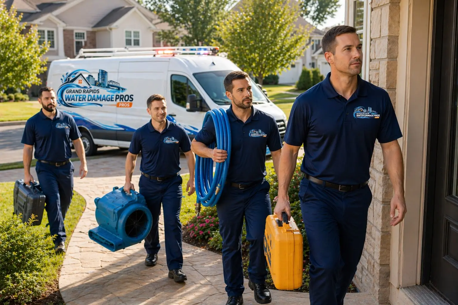 Grand Rapids Water Damage Pros restoration team carrying equipment and arriving at a residential home for water damage restoration service