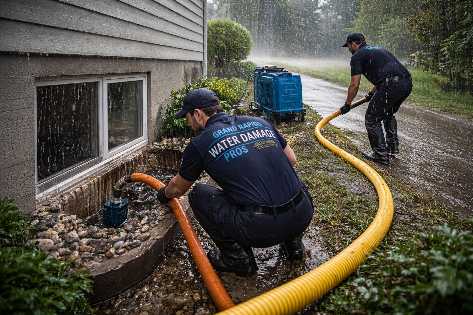 Water damage restoration technicians performing emergency water extraction outside a basement window during heavy rainfall flooding in Grand Rapids