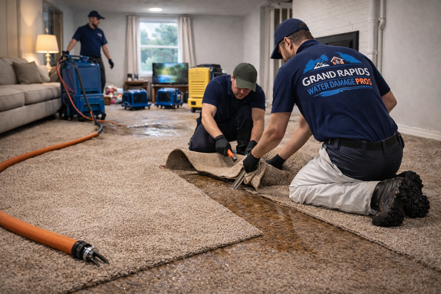 Water damage restoration technicians performing residential flood cleanup in Grand Rapids by cutting out water-damaged carpet after a home flooding event