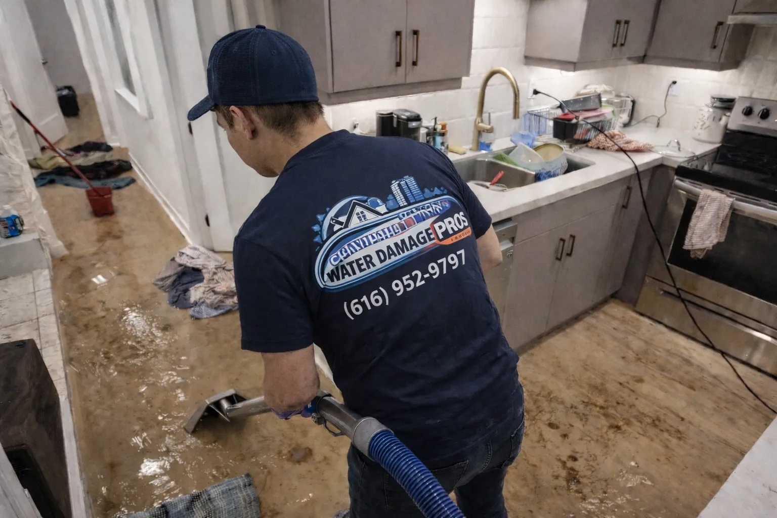 Sewage backup cleanup and water damage restoration in Grand Rapids Michigan with technician extracting contaminated water