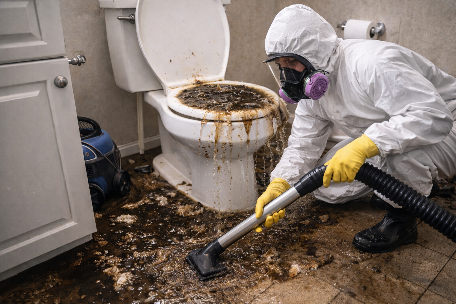 Sewage cleanup technician wearing protective suit extracting contaminated water from bathroom floor