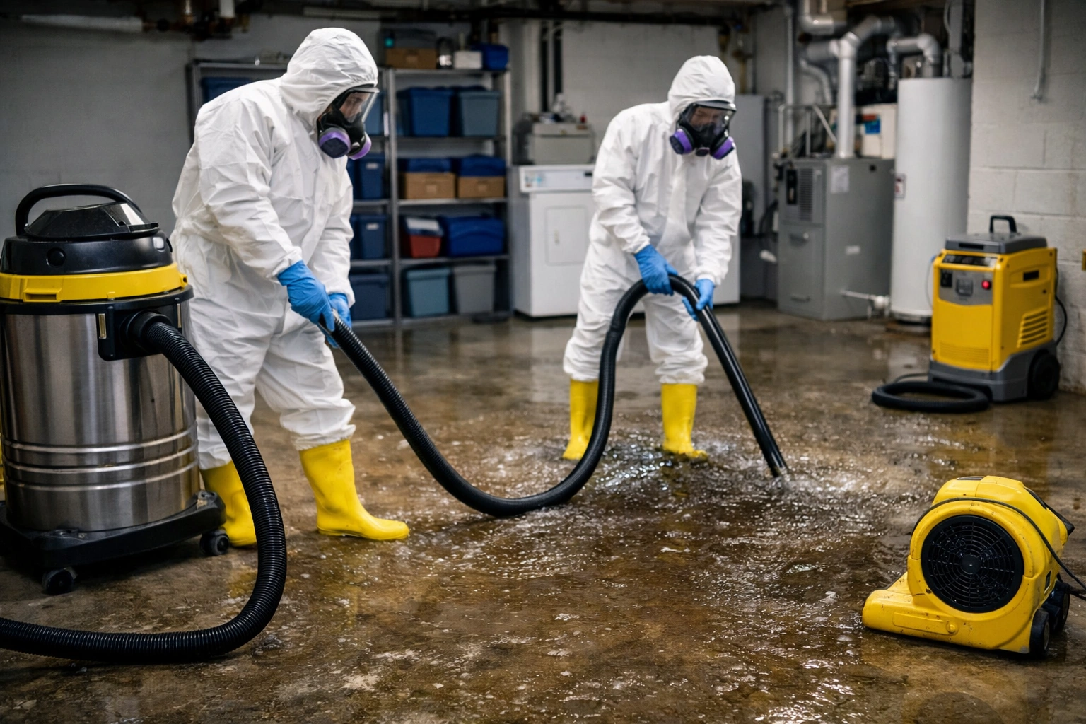 Professional sewage cleanup with technicians removing contaminated water using protective equipment