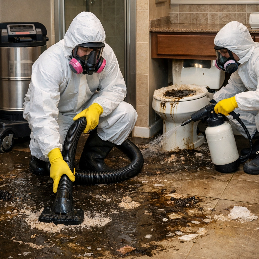 Technicians performing sewer backup cleanup by extracting contaminated sewage water from a flooded bathroom floor