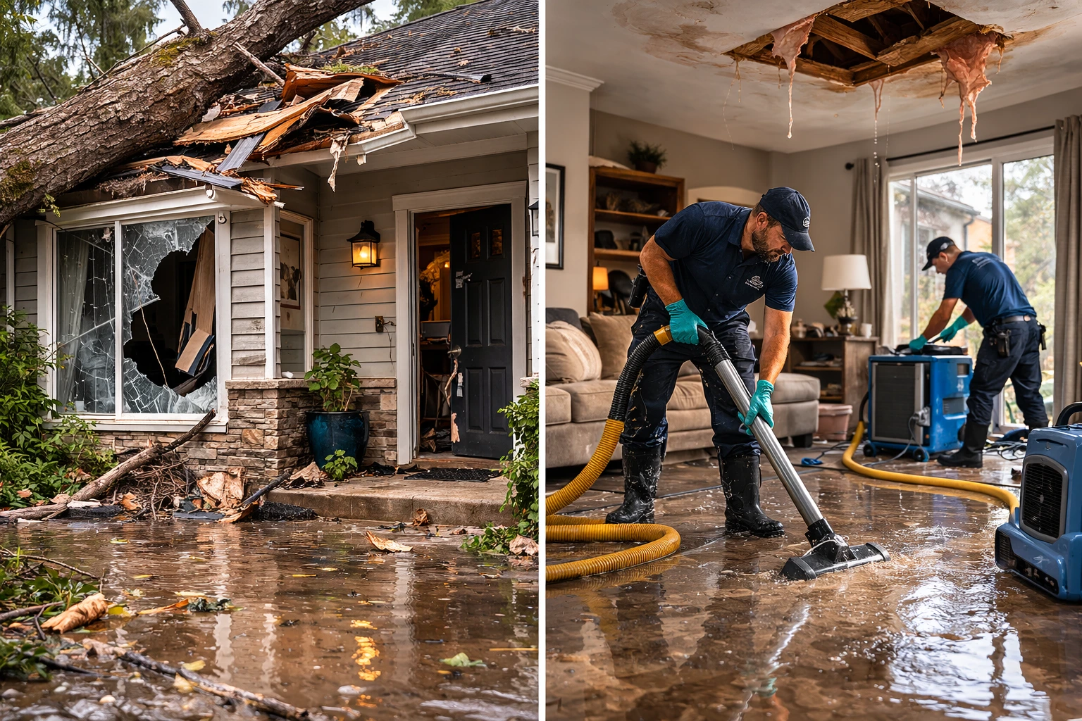Storm damaged house with fallen tree and flooding outside while technicians perform water extraction inside