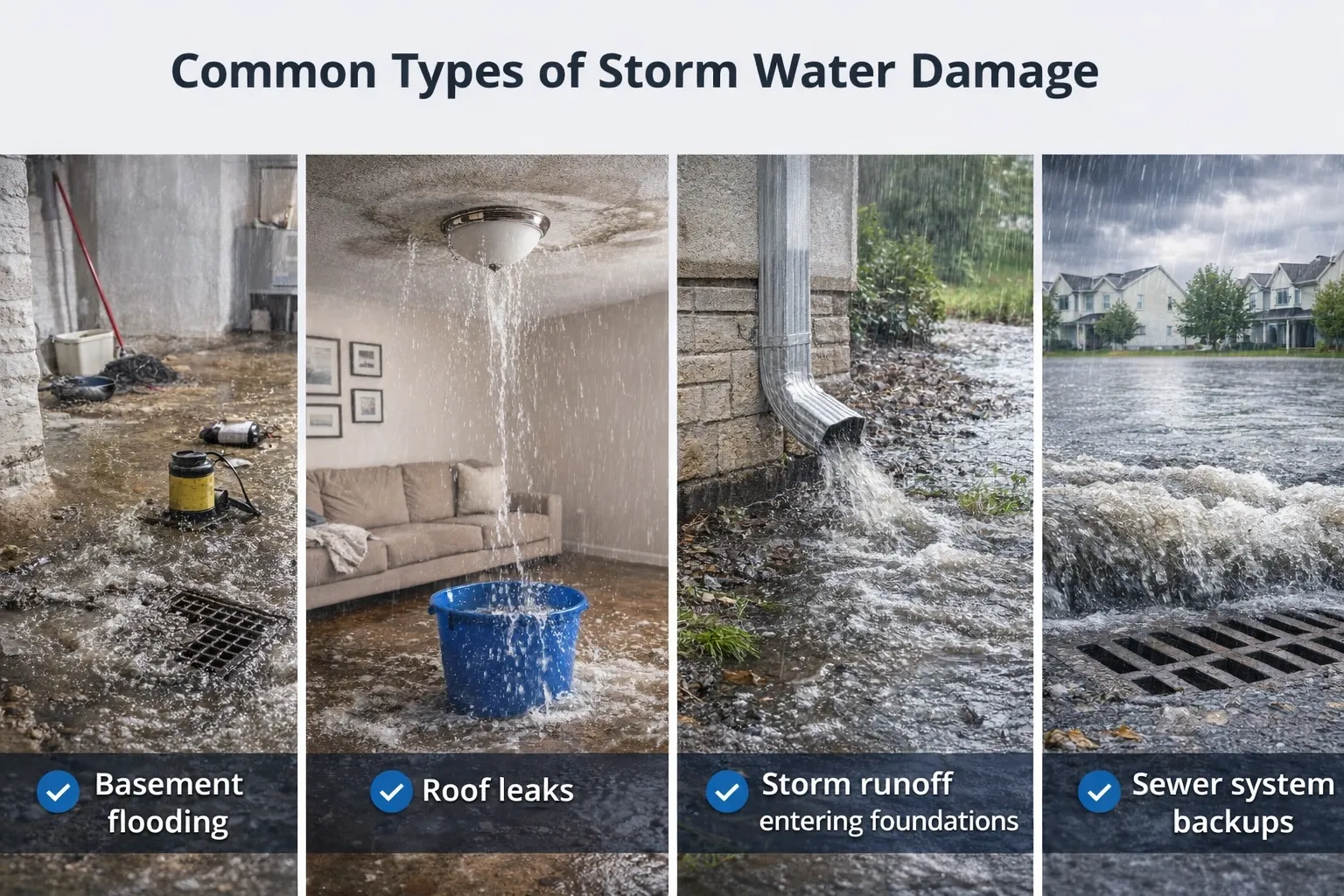 Common types of storm water damage requiring water damage restoration in Grand Rapids Michigan including basement flooding roof leaks and sewer backups