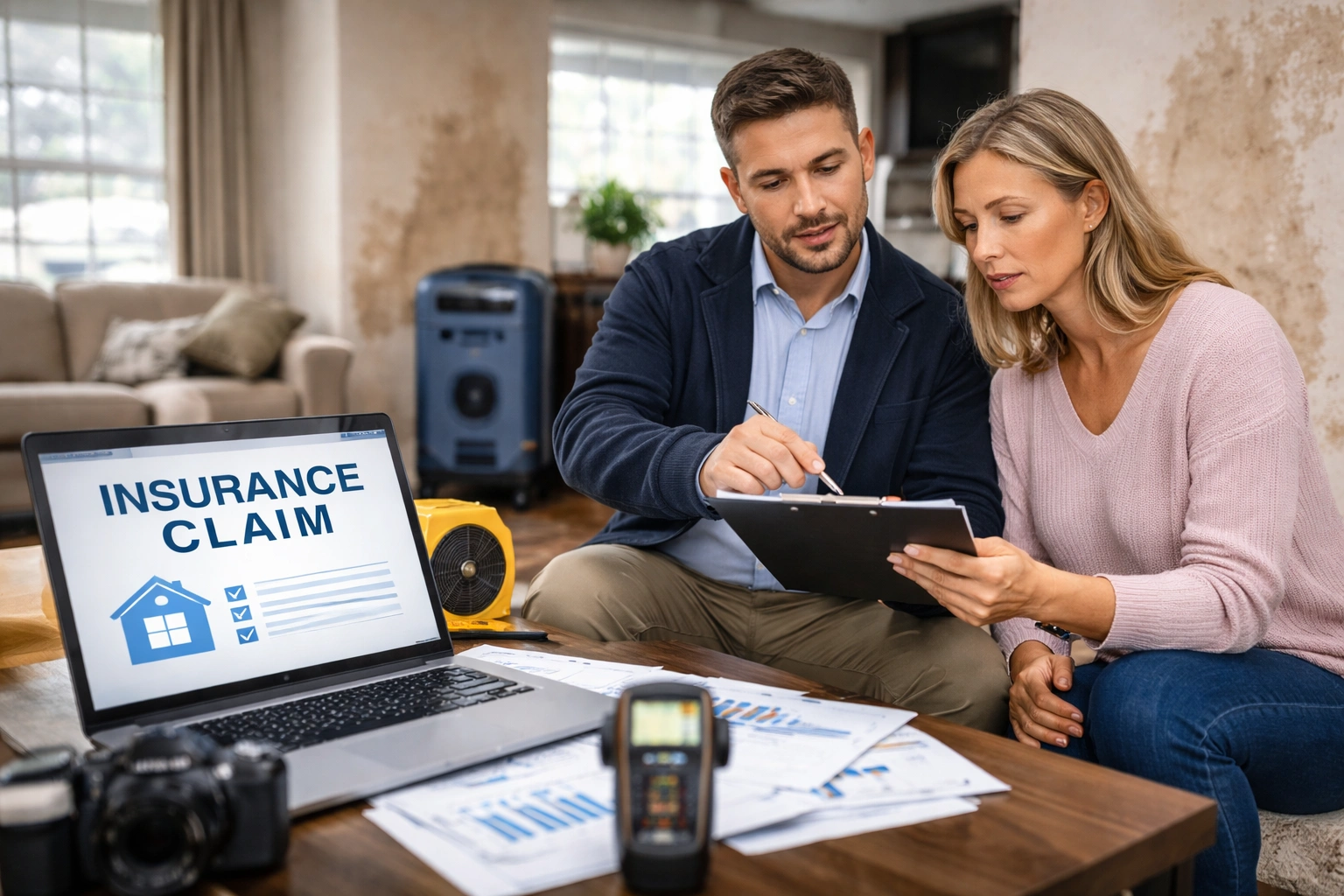 Homeowner reviewing water damage insurance claim with technician documenting damage