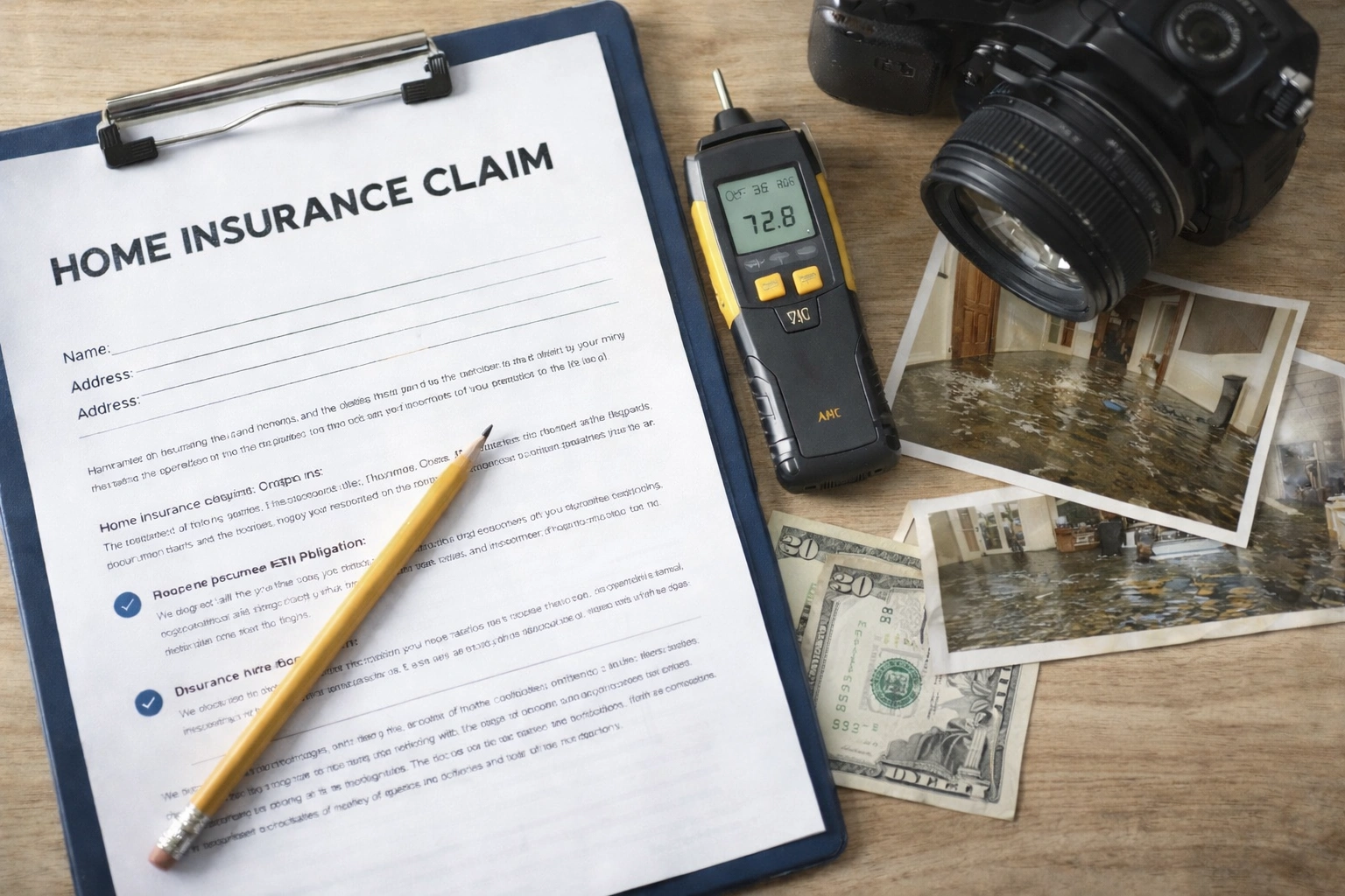 Water damage restoration insurance documentation and cost estimate process in Grand Rapids with moisture meter photos and claim paperwork