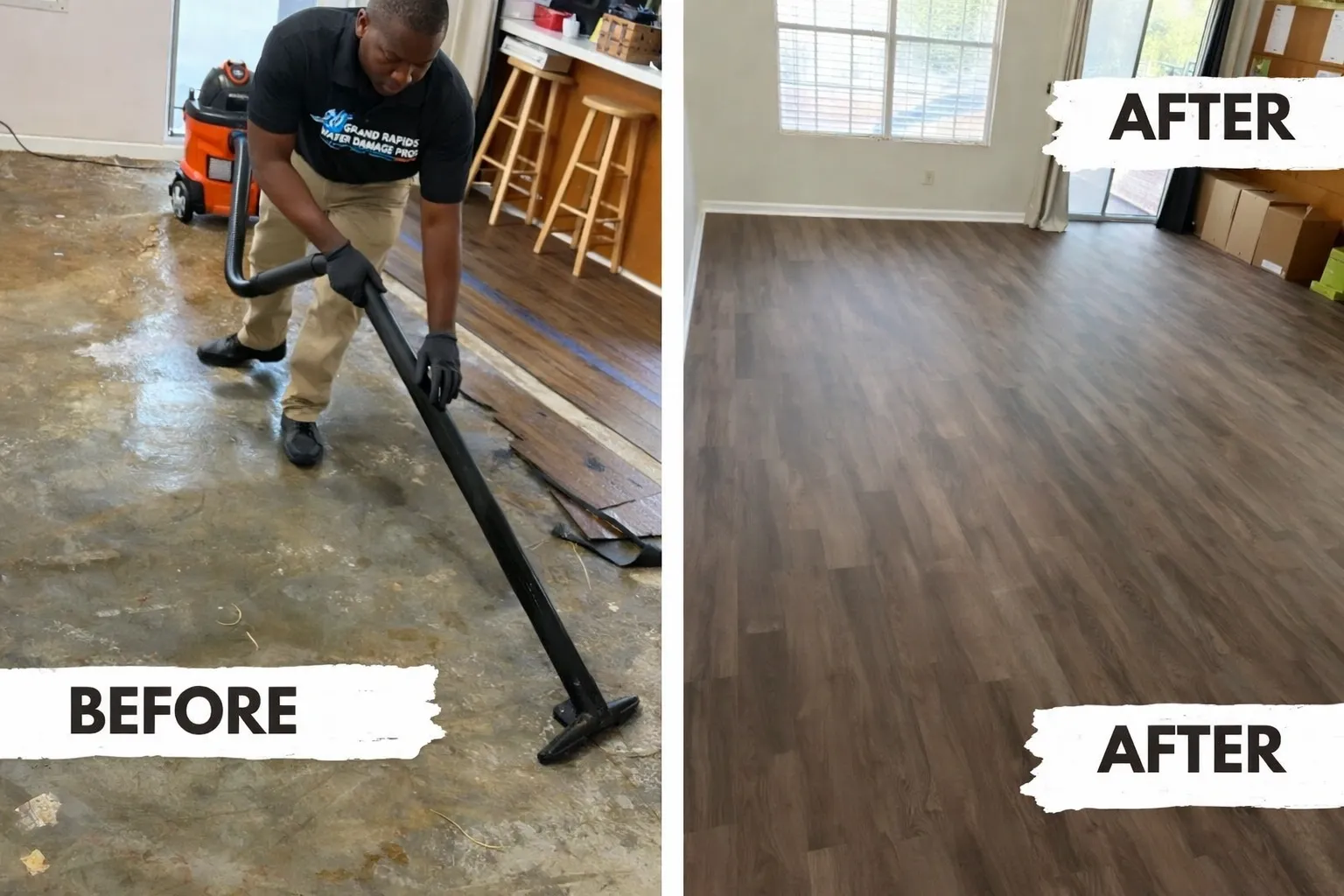 Before and after water damage restoration in Grand Rapids Michigan showing flooded floor cleanup and full repair