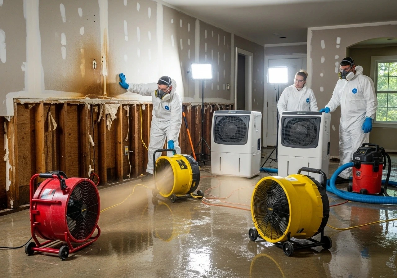 Water damage restoration technician extracting flood water from hardwood floor using professional equipment in residential home