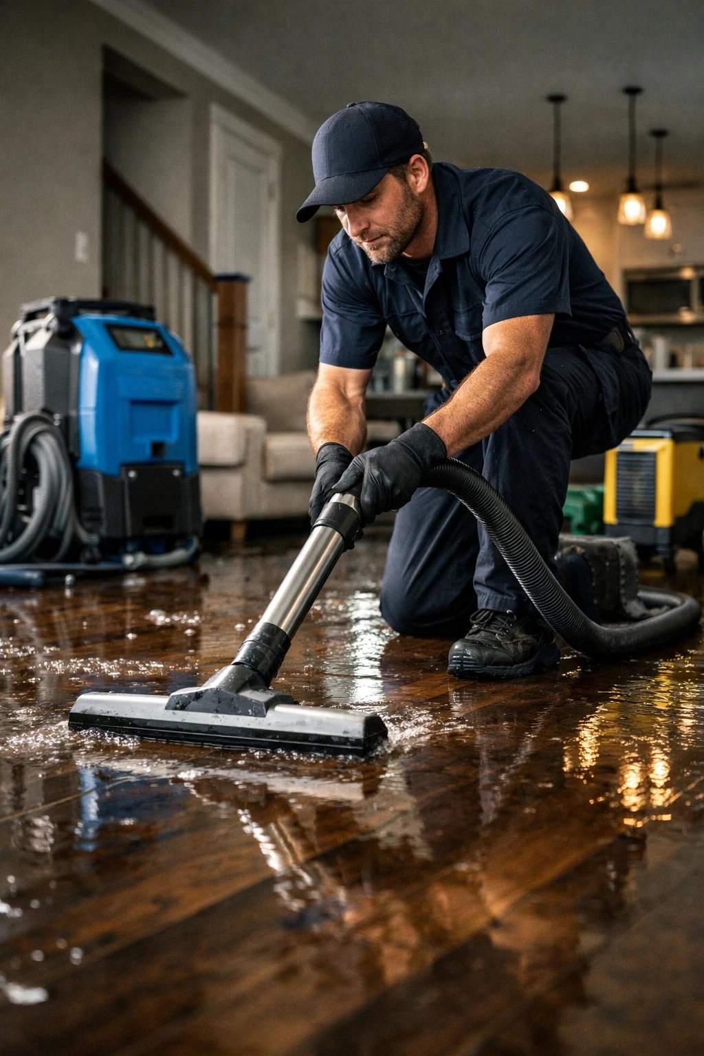 Water damage restoration technician extracting flood water from hardwood floor using professional equipment in residential home
