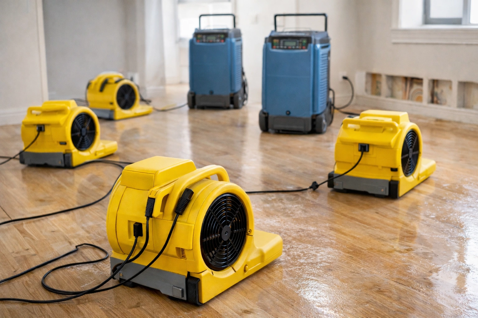Water damage drying equipment with air movers and dehumidifiers removing moisture from property