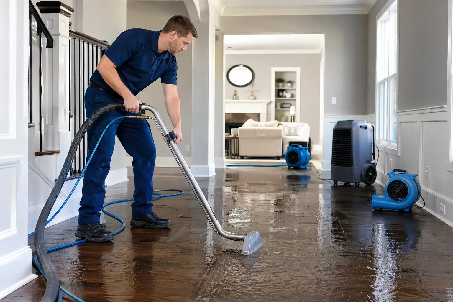 Water damage restoration technician using extraction hose to remove standing water from flooded hardwood floors in a Grand Rapids Michigan home